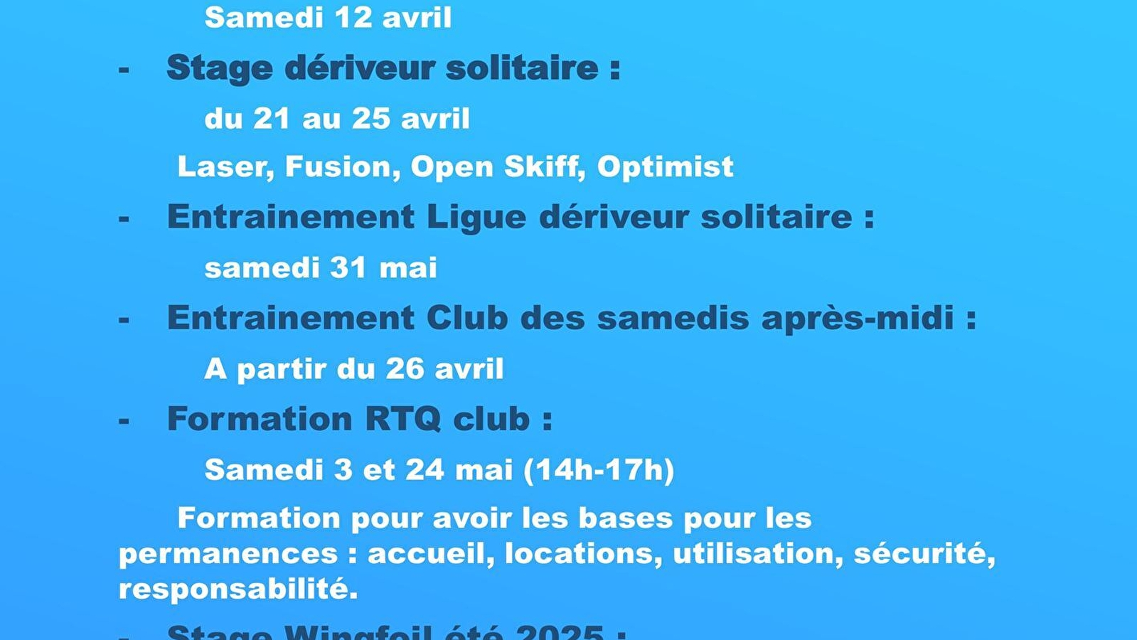Formations, Stages et entrainements de Voile 2025